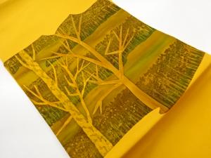 作家物　塩瀬手描き木々・水辺模様名古屋帯